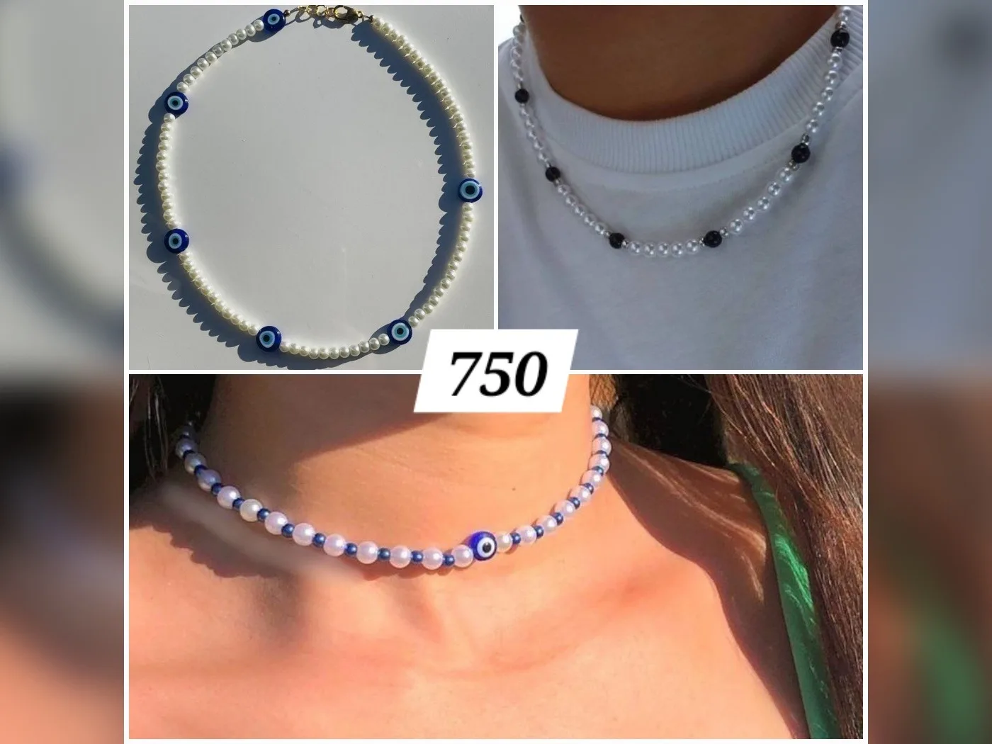 Collar de perlas blancas y ojo turco